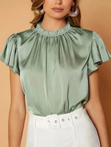 Camille Gathered Neck Blouse – Elegant Puff Sleeve Top in Soft Satin Drape