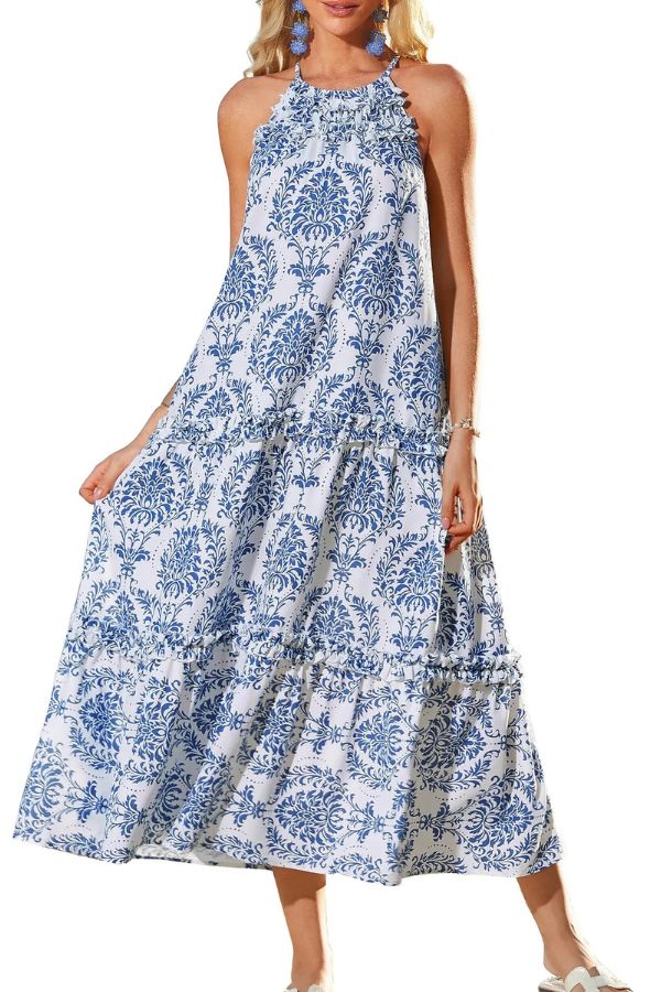 Isla Halter Vacation Dress – Lightweight Floral Maxi with Elegant Neckline for Summer Travel