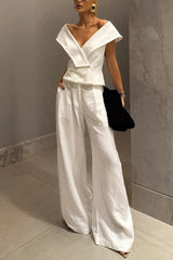 Soraya Linen Set – Off-Shoulder Top & Wide-Leg Pants for Elegant Evenings