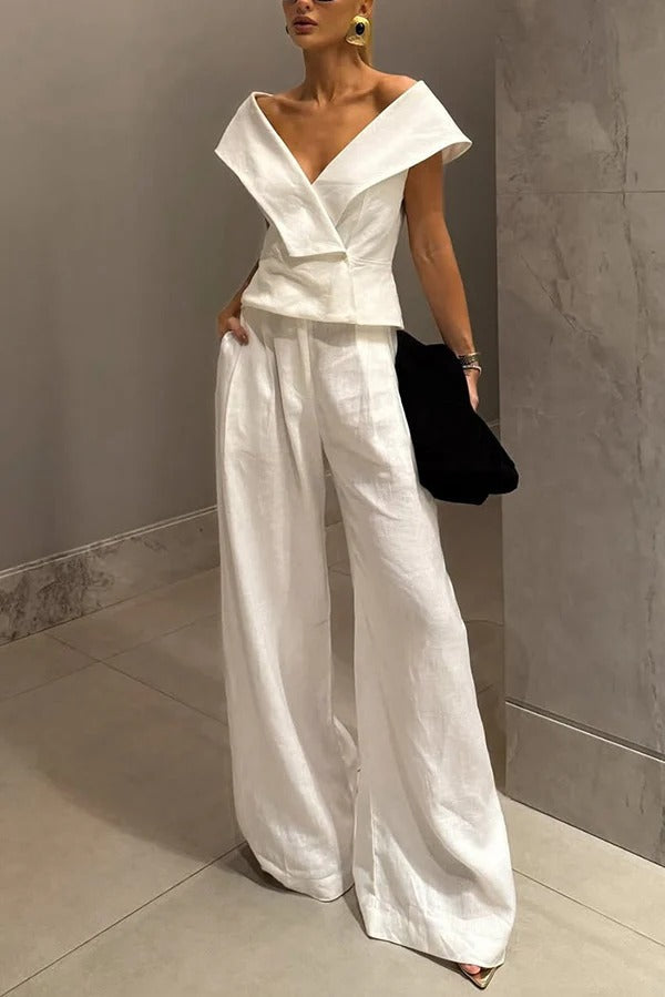 Soraya Linen Set – Off-Shoulder Top & Wide-Leg Pants for Elegant Evenings