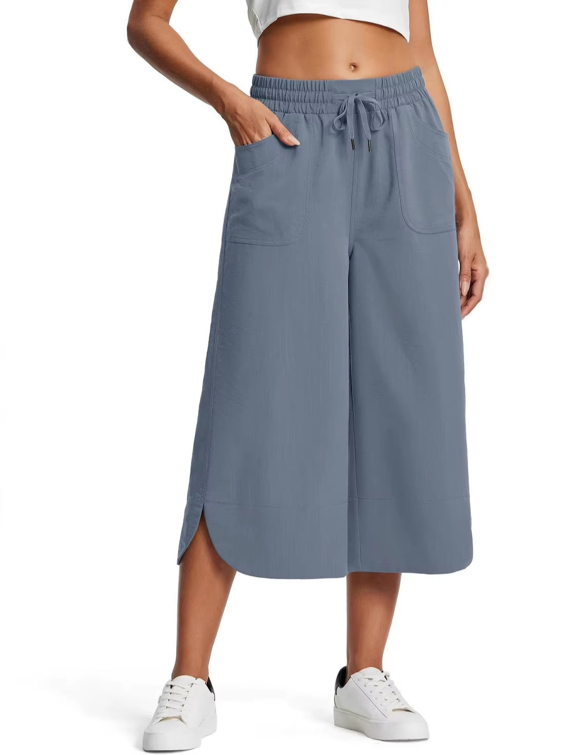 Milan Lightweight Cotton‑Blend Wide‑Leg Capri – Mid‑Calf, Smooth Elastic Waistband