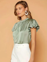 Camille Gathered Neck Blouse – Elegant Puff Sleeve Top in Soft Satin Drape