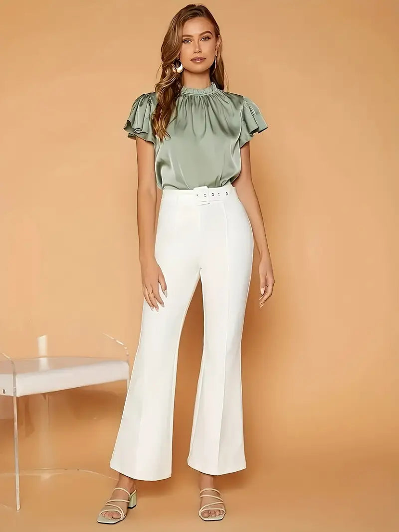 Camille Gathered Neck Blouse – Elegant Puff Sleeve Top in Soft Satin Drape