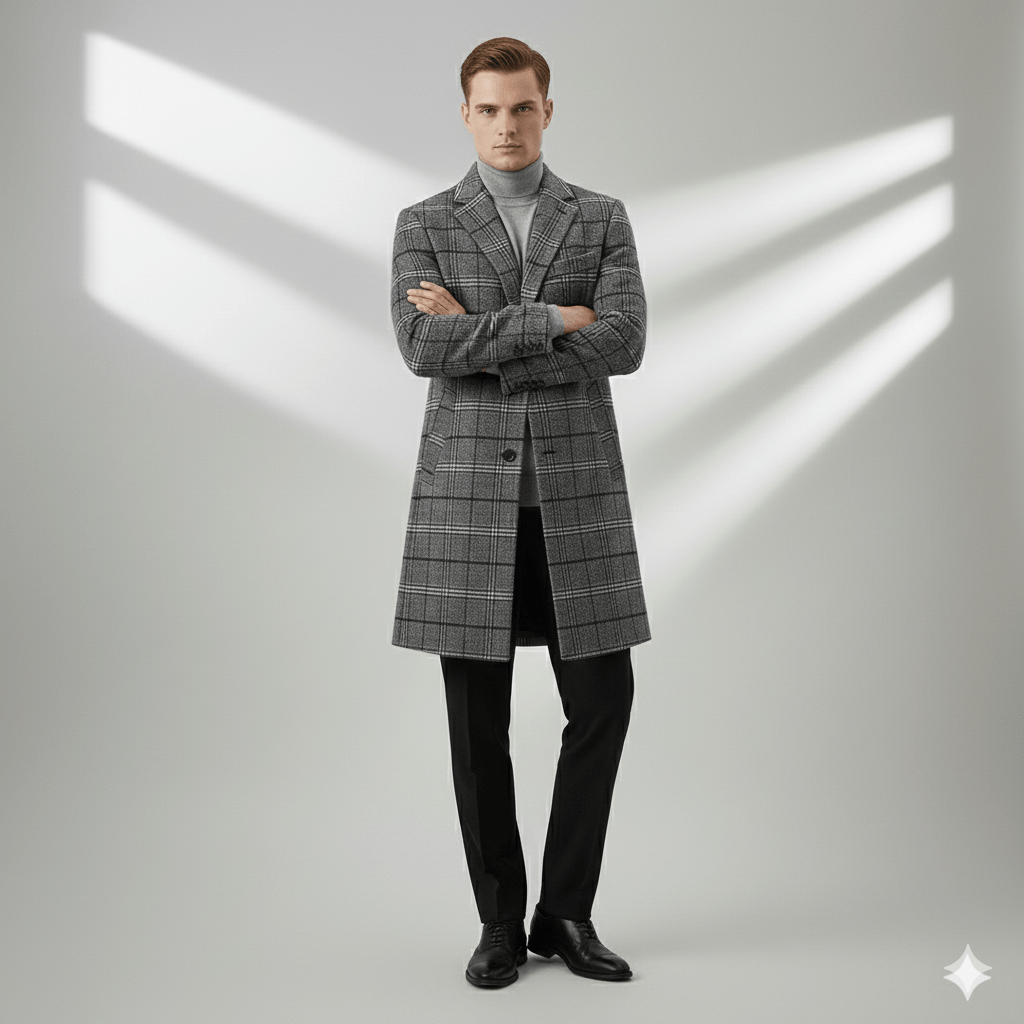 Aldric Men’s Wool Coat – Windowpane Overcoat with Structured Mid-Length Design