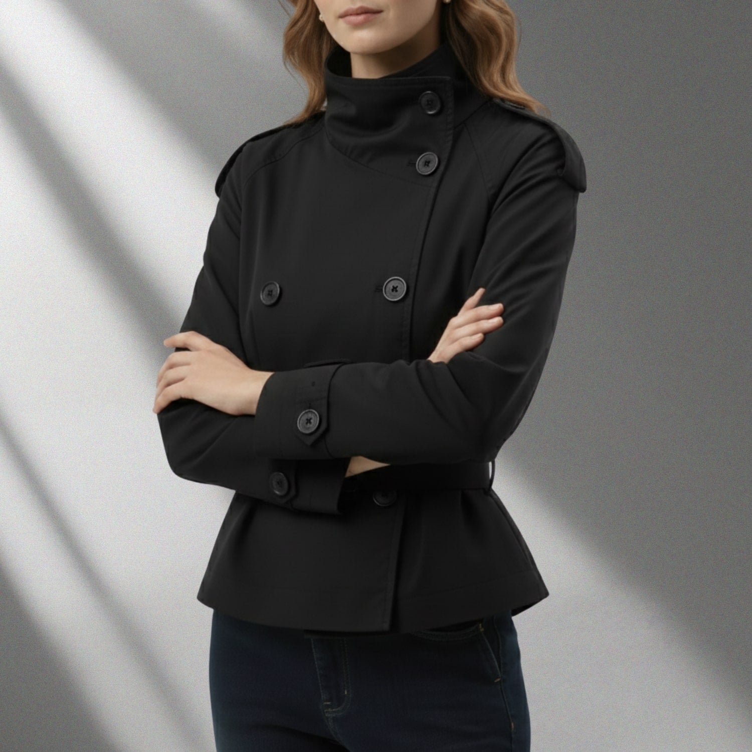 Nina Women’s Trench Coat – High-Neck Belted Cotton Cropped Jacket