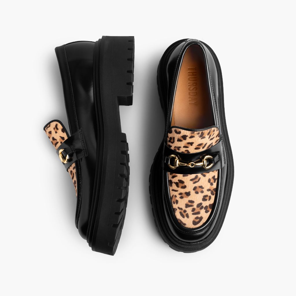 Aubrey Lug Sole Loafer – Platform Penny Loafer in Statement Leopard Suede
