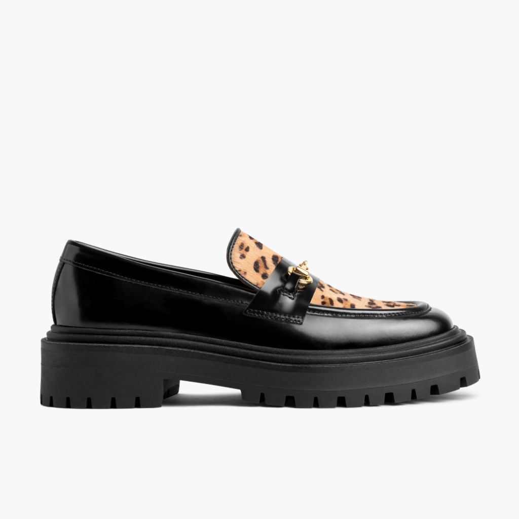 Aubrey Lug Sole Loafer – Platform Penny Loafer in Statement Leopard Suede