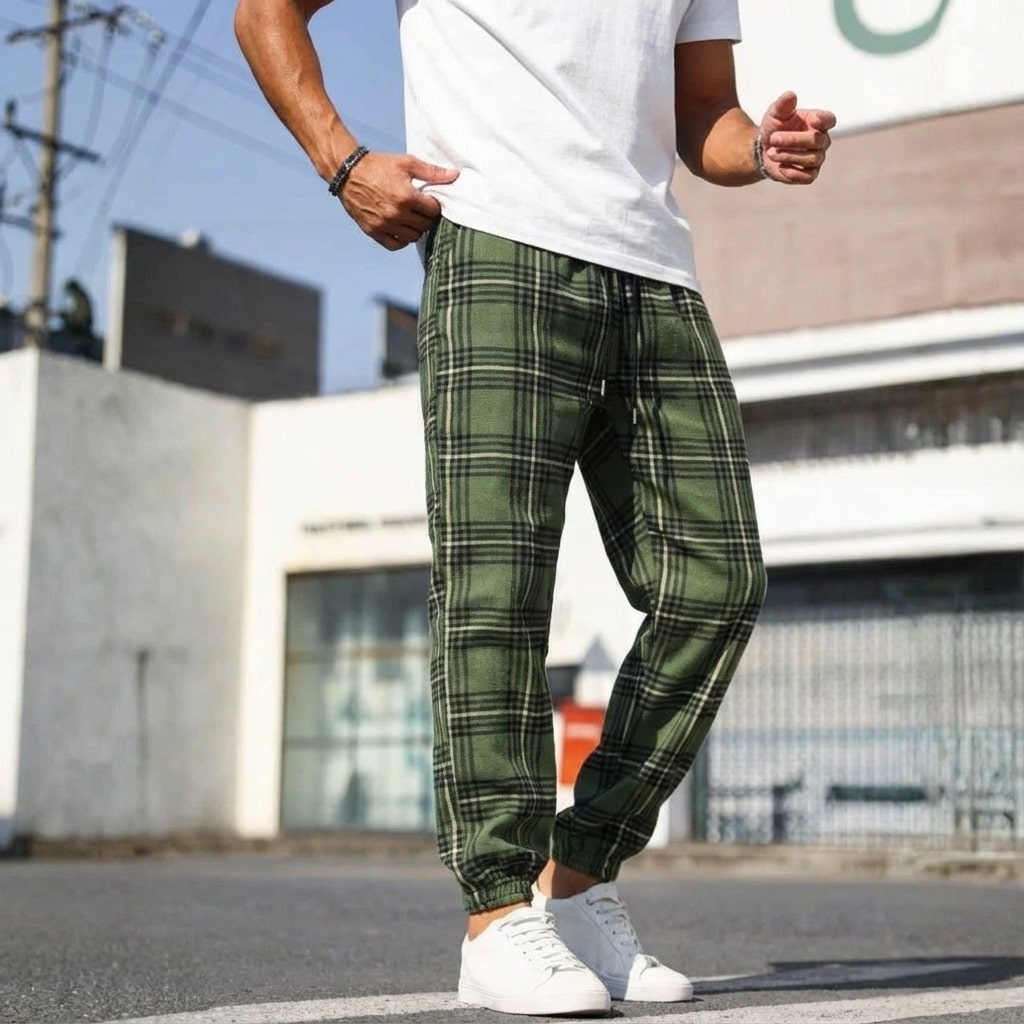 Cassius Men’s Joggers – Brushed Cotton Tapered Plaid Joggers