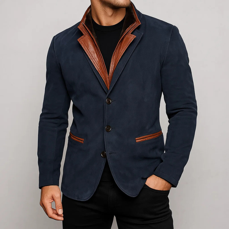 Andres Men’s Suede Blazer Jacket – Casual Outerwear with Leather Lapel