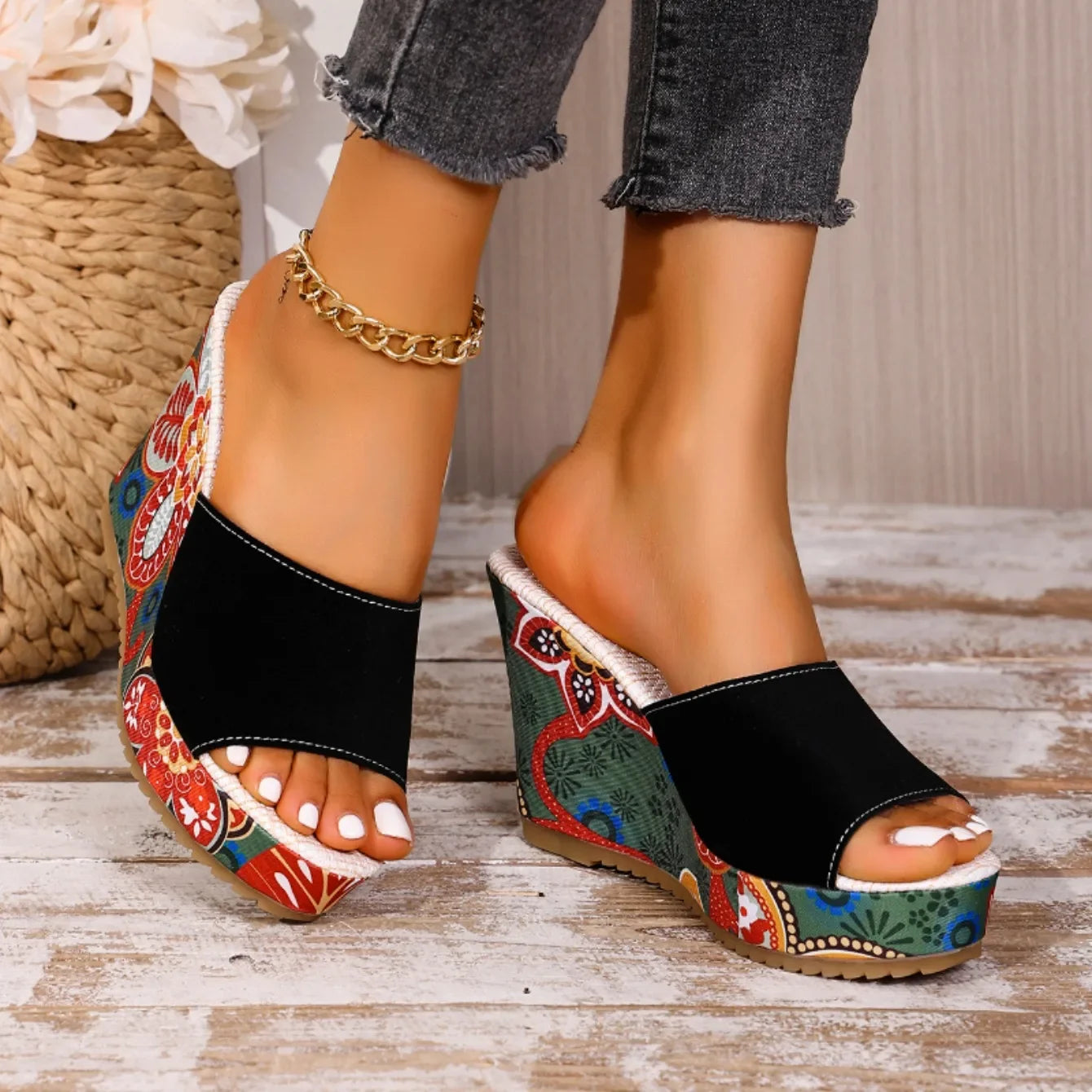 Dalora Women’s Velvet Wedge Sandals – Floral Heel Mule