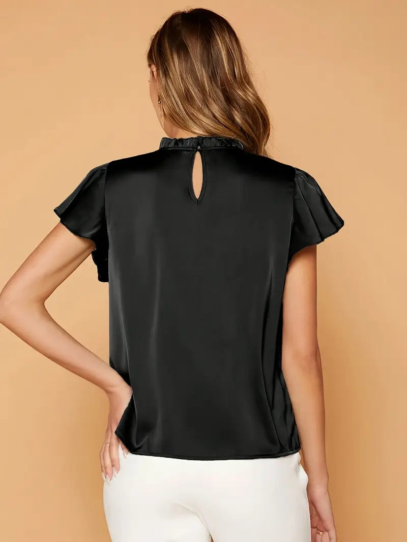 Camille Gathered Neck Blouse – Elegant Puff Sleeve Top in Soft Satin Drape