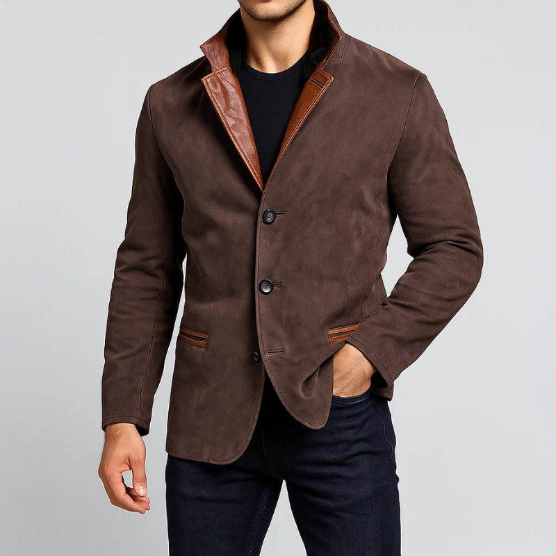Andres Men’s Suede Blazer Jacket – Casual Outerwear with Leather Lapel
