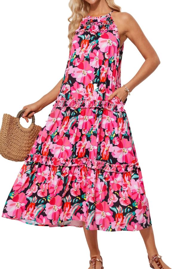 Isla Halter Vacation Dress – Lightweight Floral Maxi with Elegant Neckline for Summer Travel