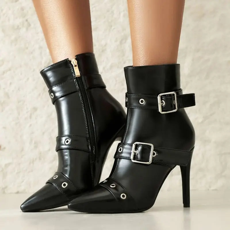 Seraphina Women’s Stiletto Boots – Patent Vegan Leather with Buckle Strap Detailing