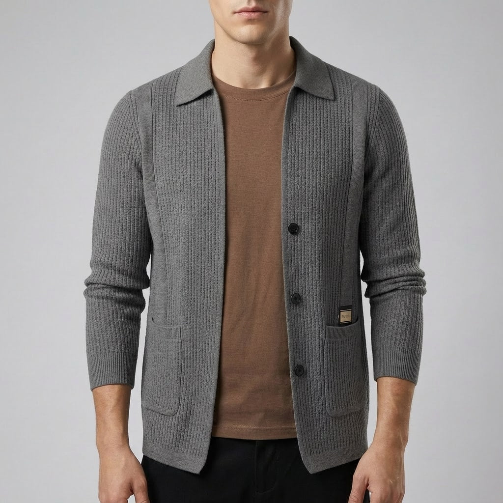 Matteo Men’s Cardigan – Textured Knit Shirt-Style Cardigan