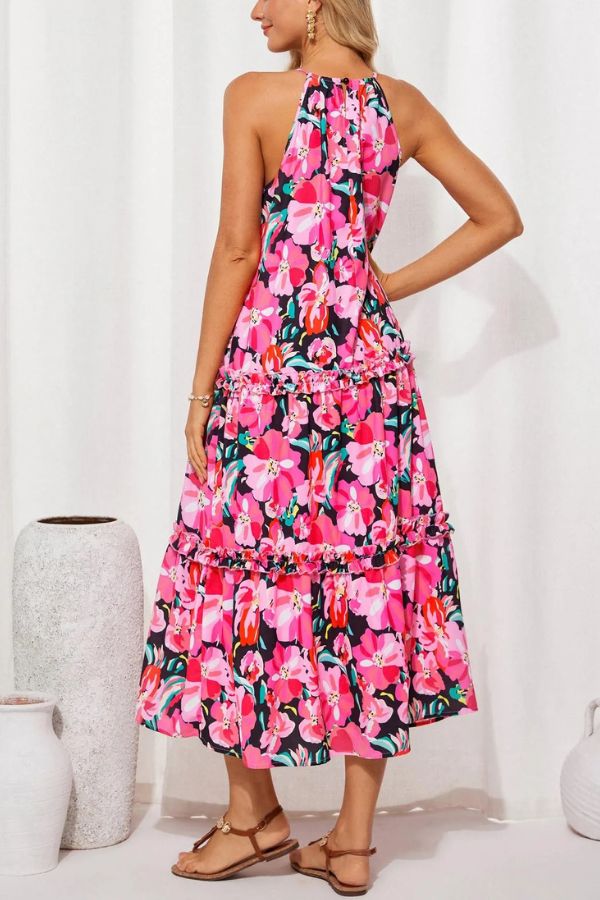Isla Halter Vacation Dress – Lightweight Floral Maxi with Elegant Neckline for Summer Travel