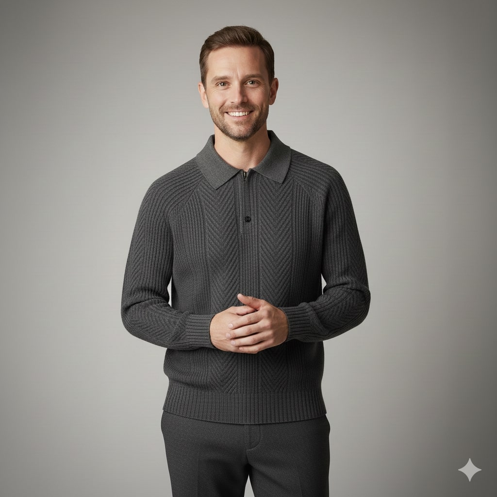 Franco Men’s Knit Polo Sweater – Herringbone Textured Pullover