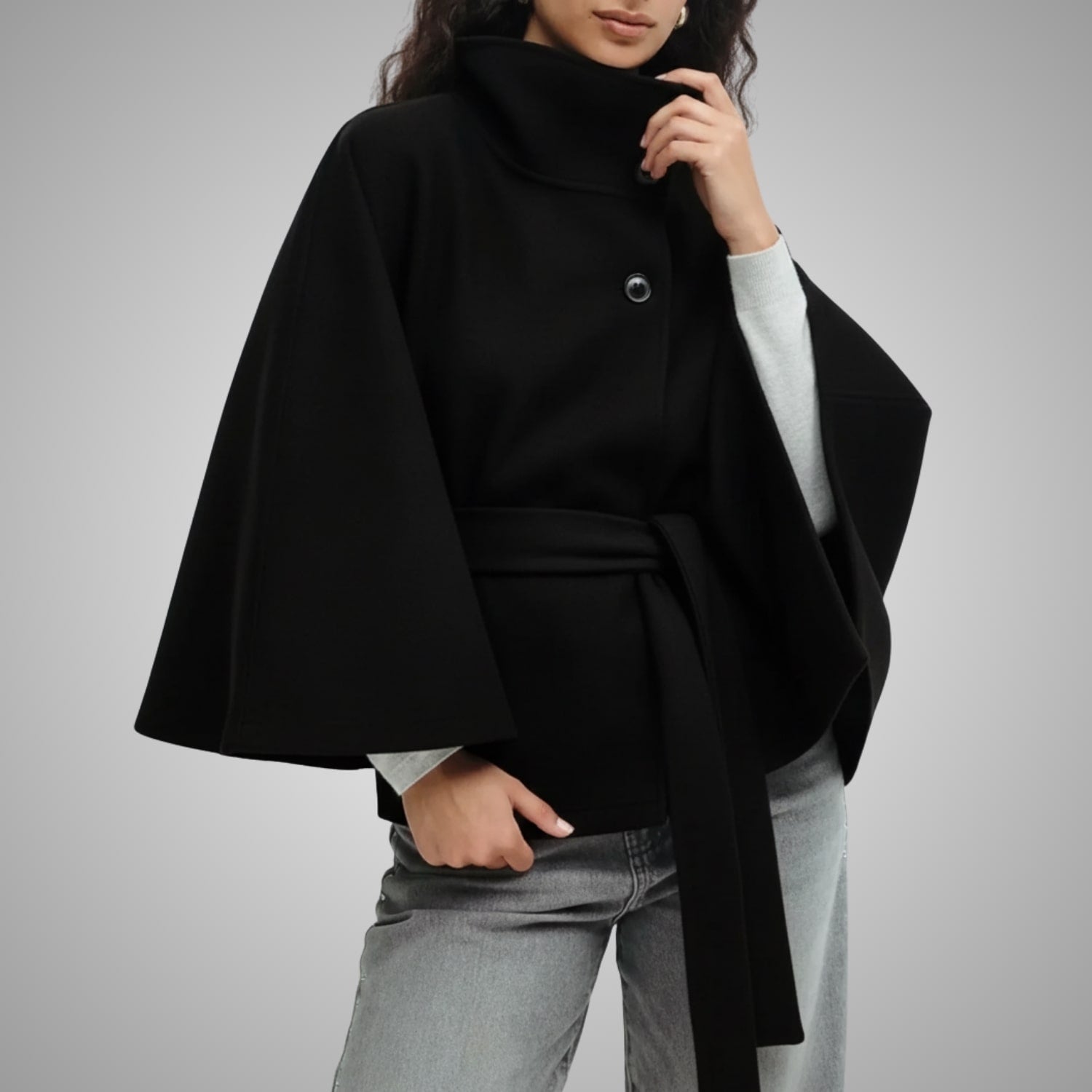 Sloane Women’s Lightweight Jacket – High Collar Coat with Flared Cape Sleeves Design