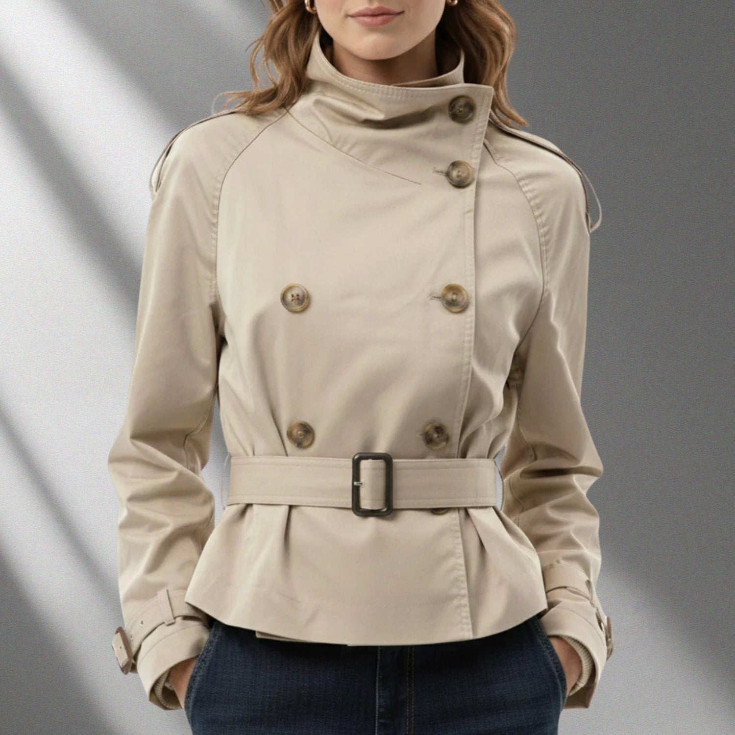 Nina Women’s Trench Coat – High-Neck Belted Cotton Cropped Jacket