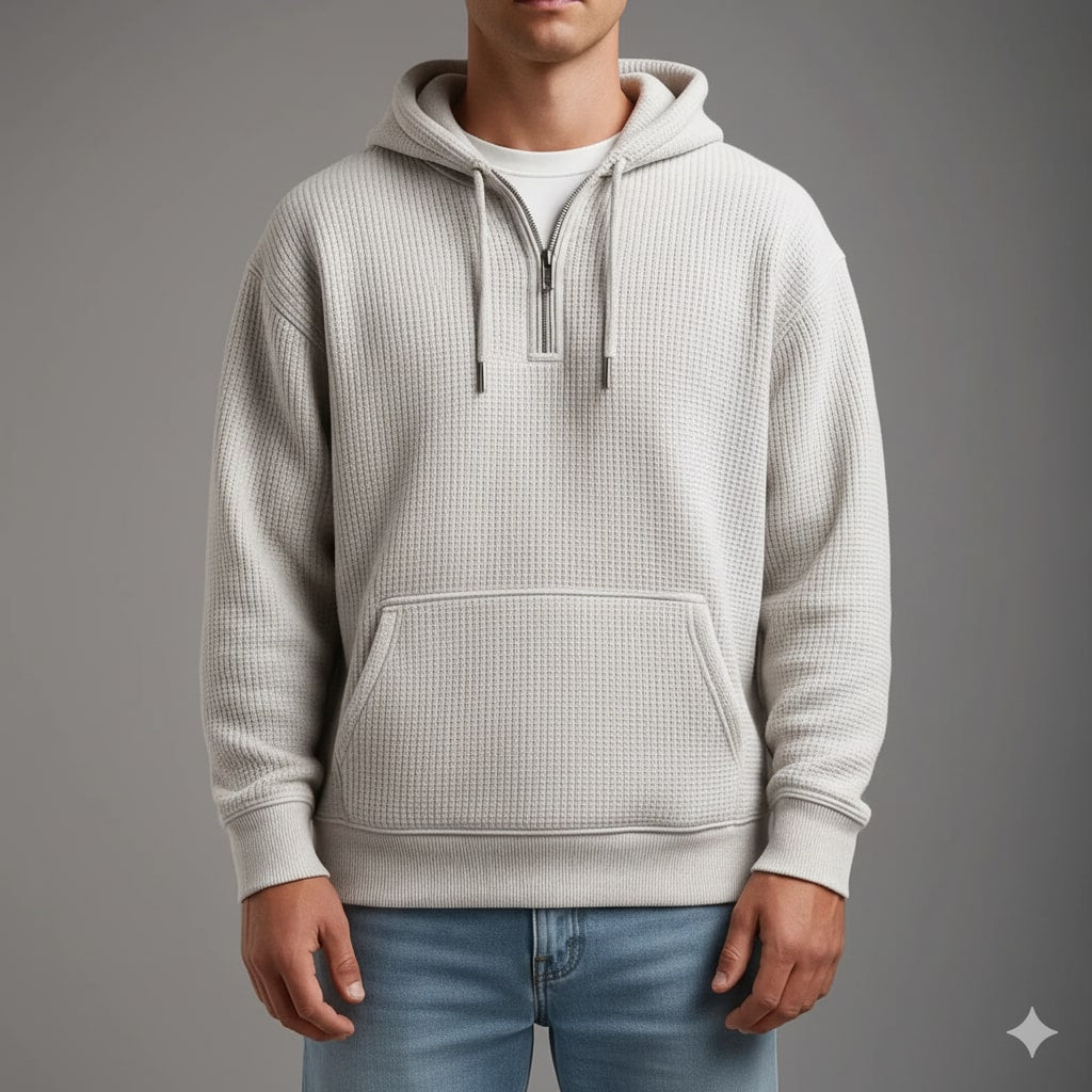 Charles Men’s Waffle Hoodie – Soft Waffle-Knit Half-Zip Sweater for Casual Layering