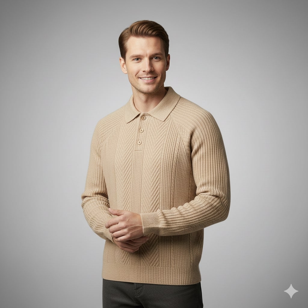 Franco Men’s Knit Polo Sweater – Herringbone Textured Pullover