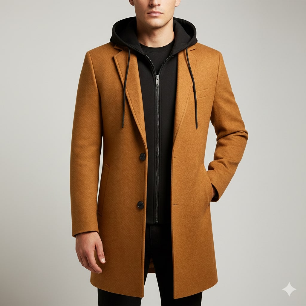 Loreno Men’s Hooded Wool Coat – Premium Textured Winter Outerwear