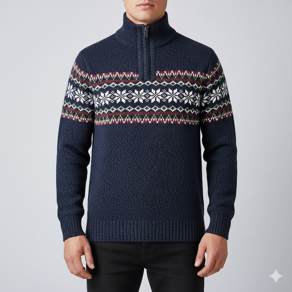 Cris Men's Christmas Sweater – Wool Knit Quarter-Zip Sweater