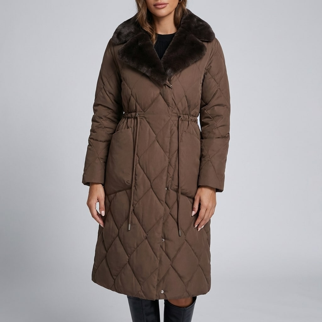 Briggitte Women's Winter Coat – Adjustable Waist with Fur Collar