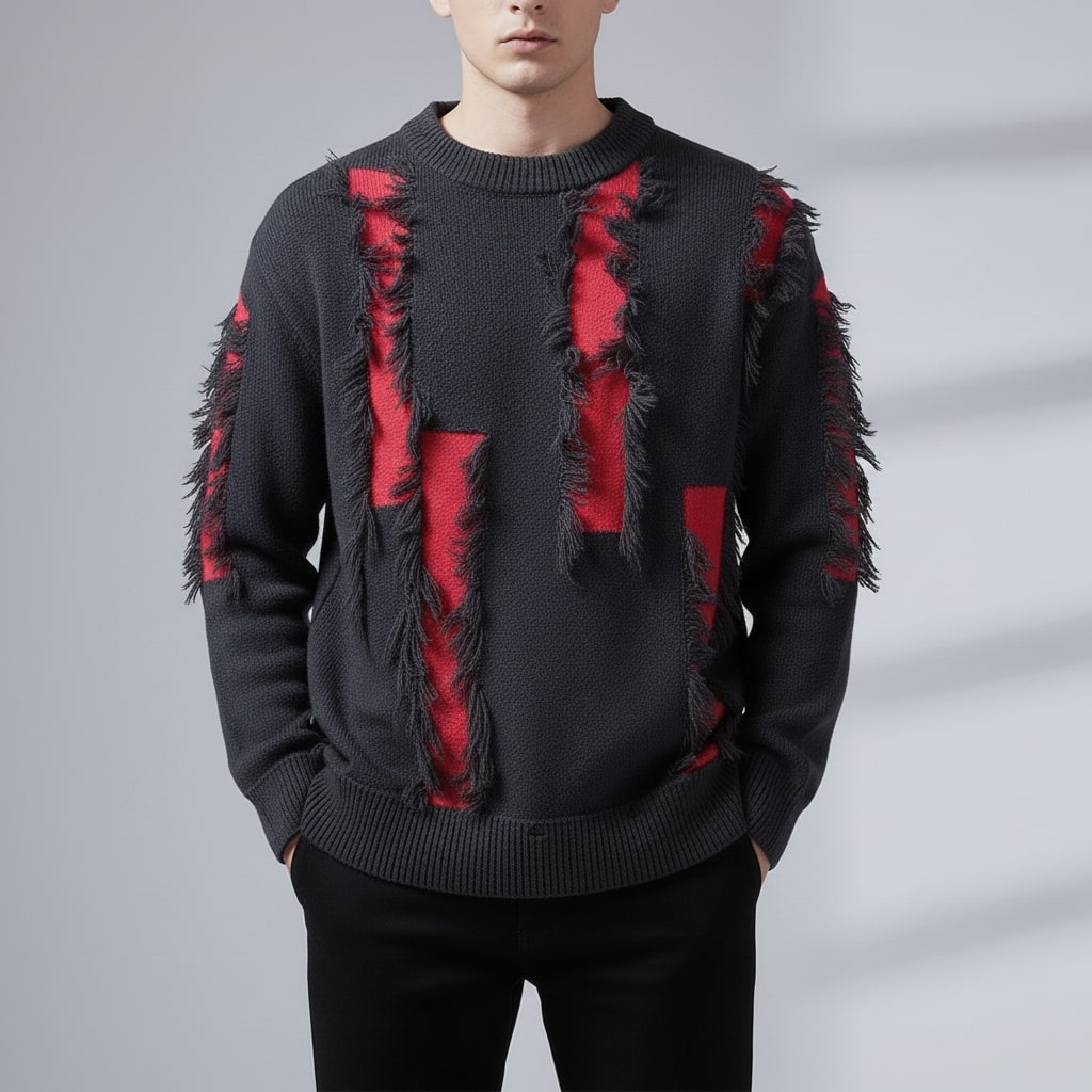 Aiden Distressed Men’s Sweater – Textured Knit Pullover with Edgy Frayed Detailing