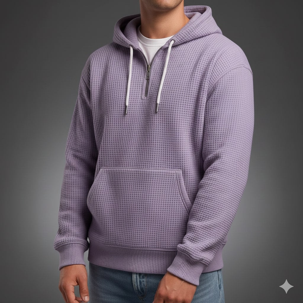 Charles Men’s Waffle Hoodie – Soft Waffle-Knit Half-Zip Sweater for Casual Layering