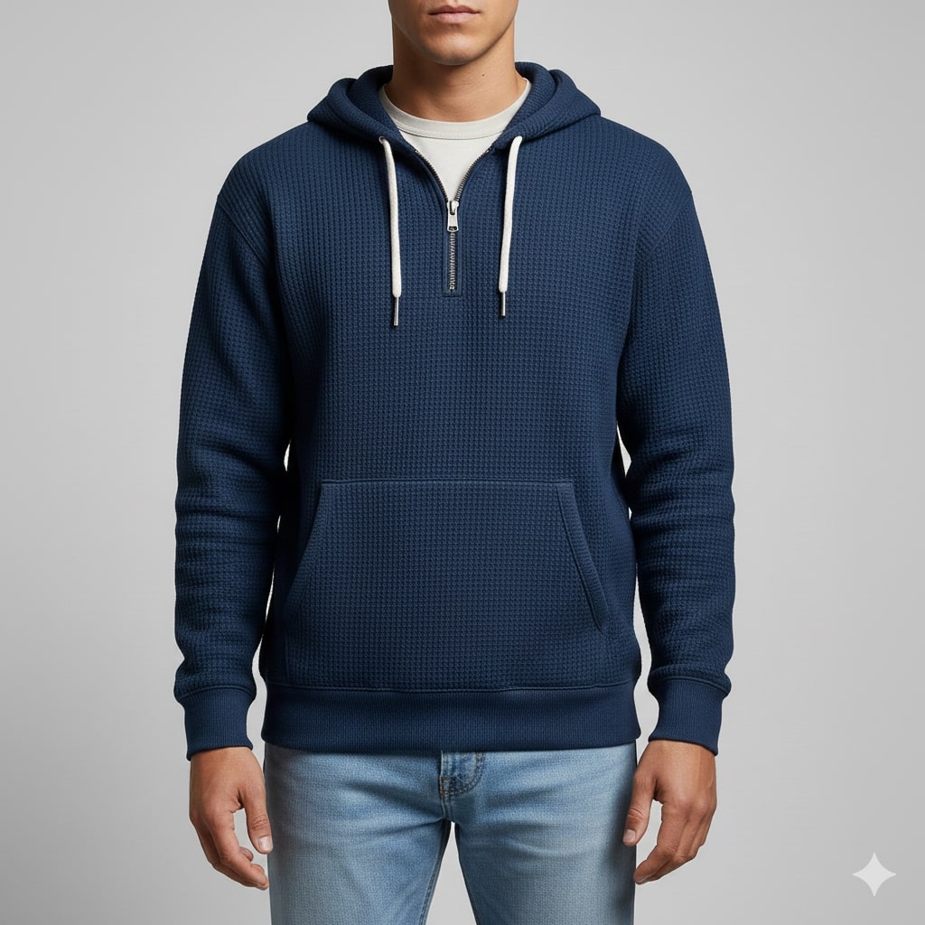 Charles Men’s Waffle Hoodie – Soft Waffle-Knit Half-Zip Sweater for Casual Layering