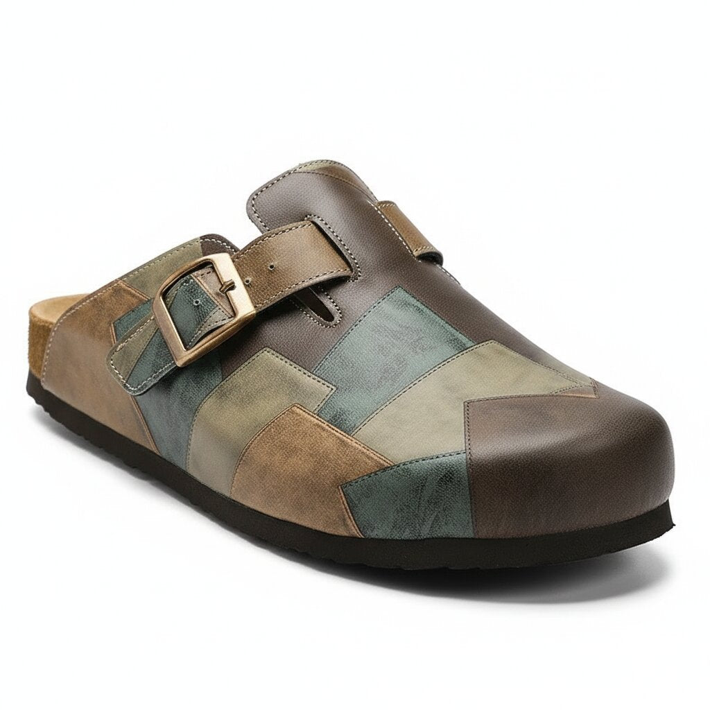 Gavin Genuine Leather Patchwork Clogs – Buckled Slip-On Casual Shoes
