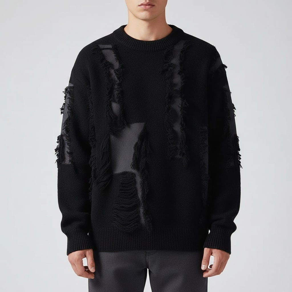 Aiden Distressed Men’s Sweater – Textured Knit Pullover with Edgy Frayed Detailing
