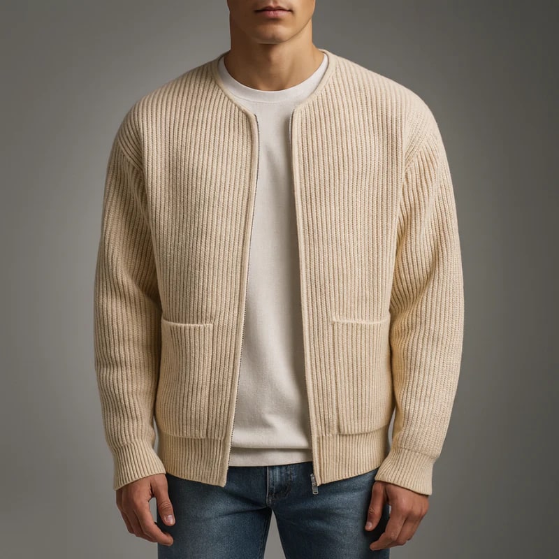 Zoren Men’s Knit Cardigan – Zip Up Sweater with Front Patch Pockets