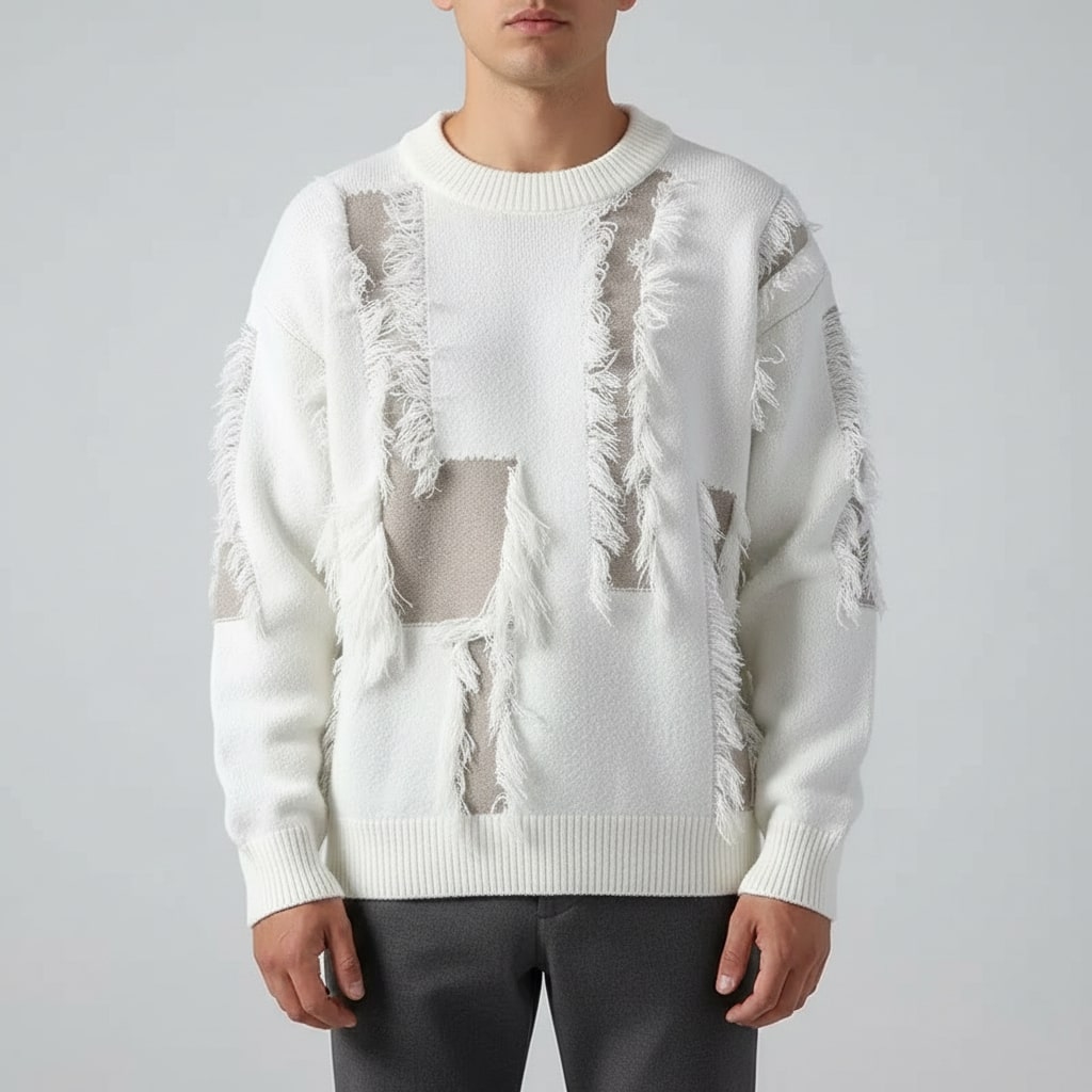 Aiden Distressed Men’s Sweater – Textured Knit Pullover with Edgy Frayed Detailing