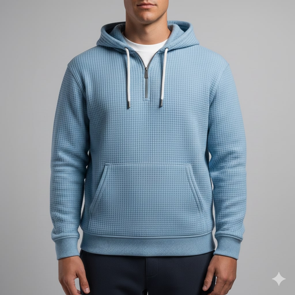 Charles Men’s Waffle Hoodie – Soft Waffle-Knit Half-Zip Sweater for Casual Layering