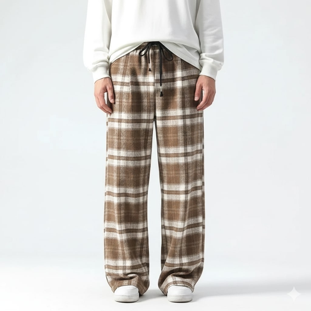 Montari Men’s Sweatpants – Plaid Soft Brushed Cotton Wide-Leg Trousers