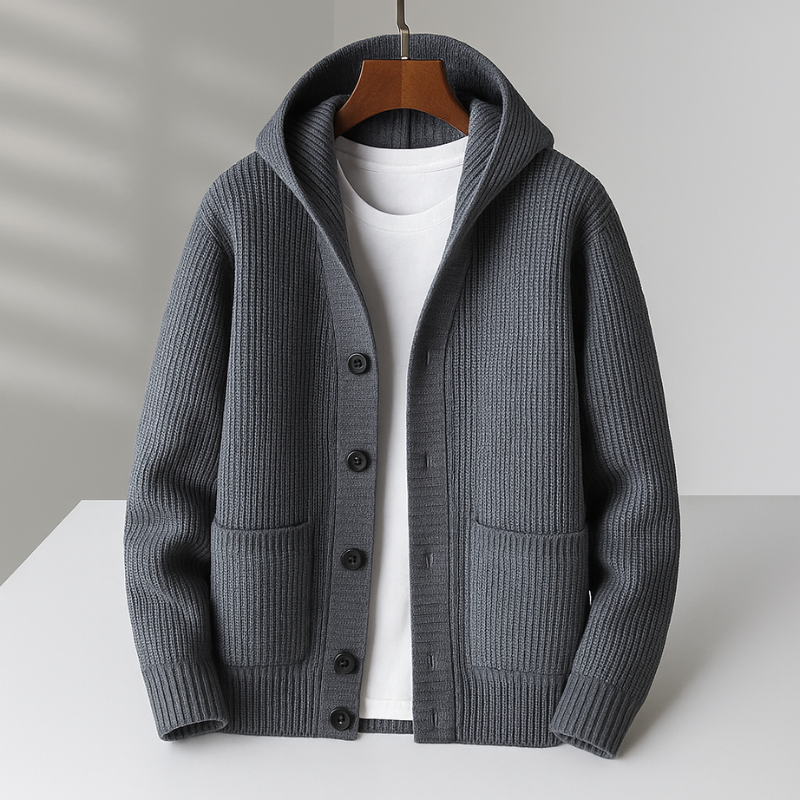 Jimmy Men’s Knit Cardigan Sweater – Wool Blend Button-Up with Hooded Design