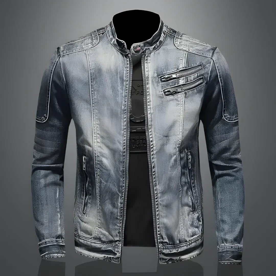 Justin Men’s Denim Jacket – Distressed Blue Jean Jacket with Zipper Pockets