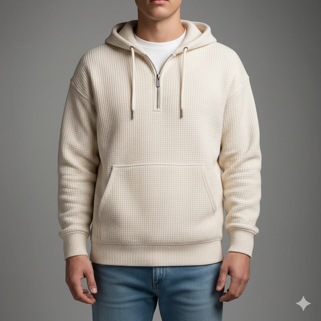 Charles Men’s Waffle Hoodie – Soft Waffle-Knit Half-Zip Sweater for Casual Layering