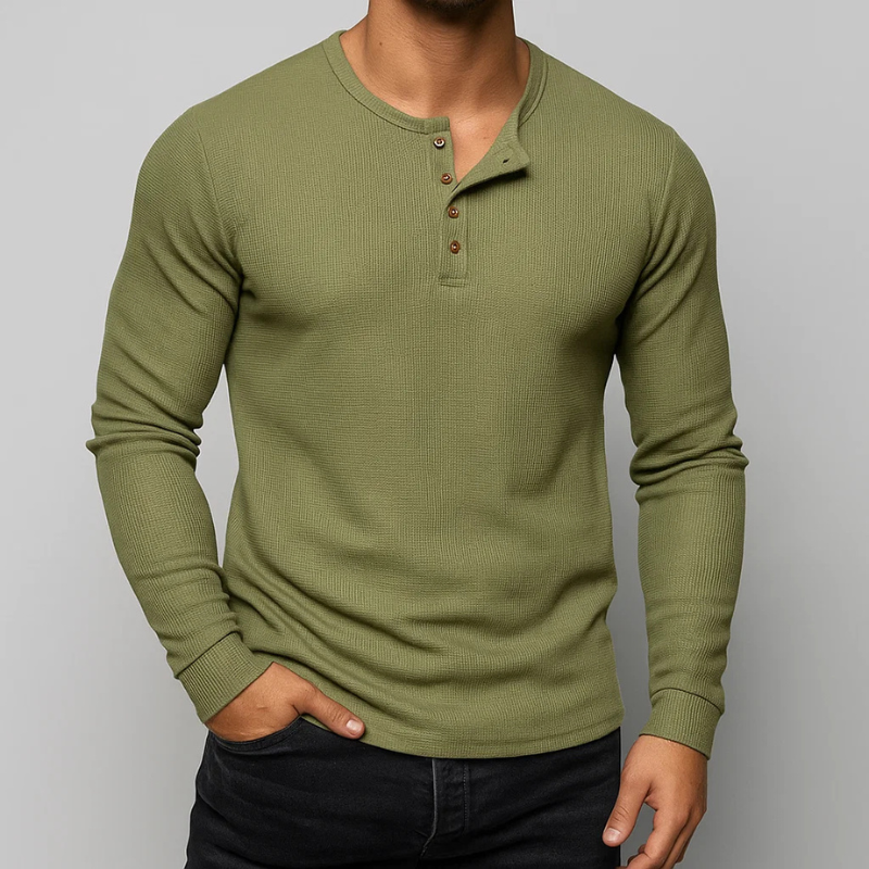 Ellias Men’s Textured Long Sleeve Pullover – Waffle Knit Henley Pullover