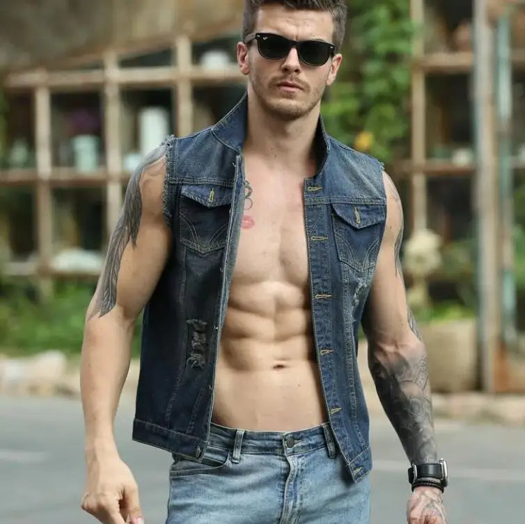 Luigi Distressed Denim Vest – Rugged Sleeveless Layer for Edgy Street Looks