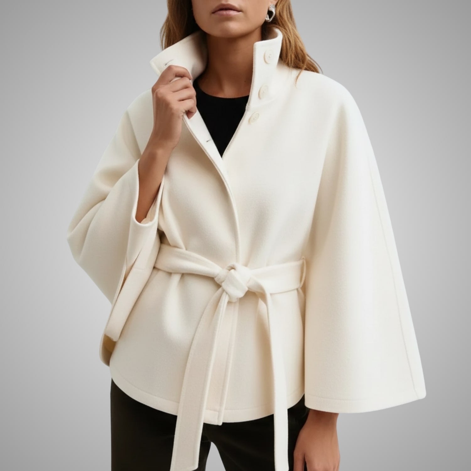 Sloane Women’s Lightweight Jacket – High Collar Coat with Flared Cape Sleeves Design