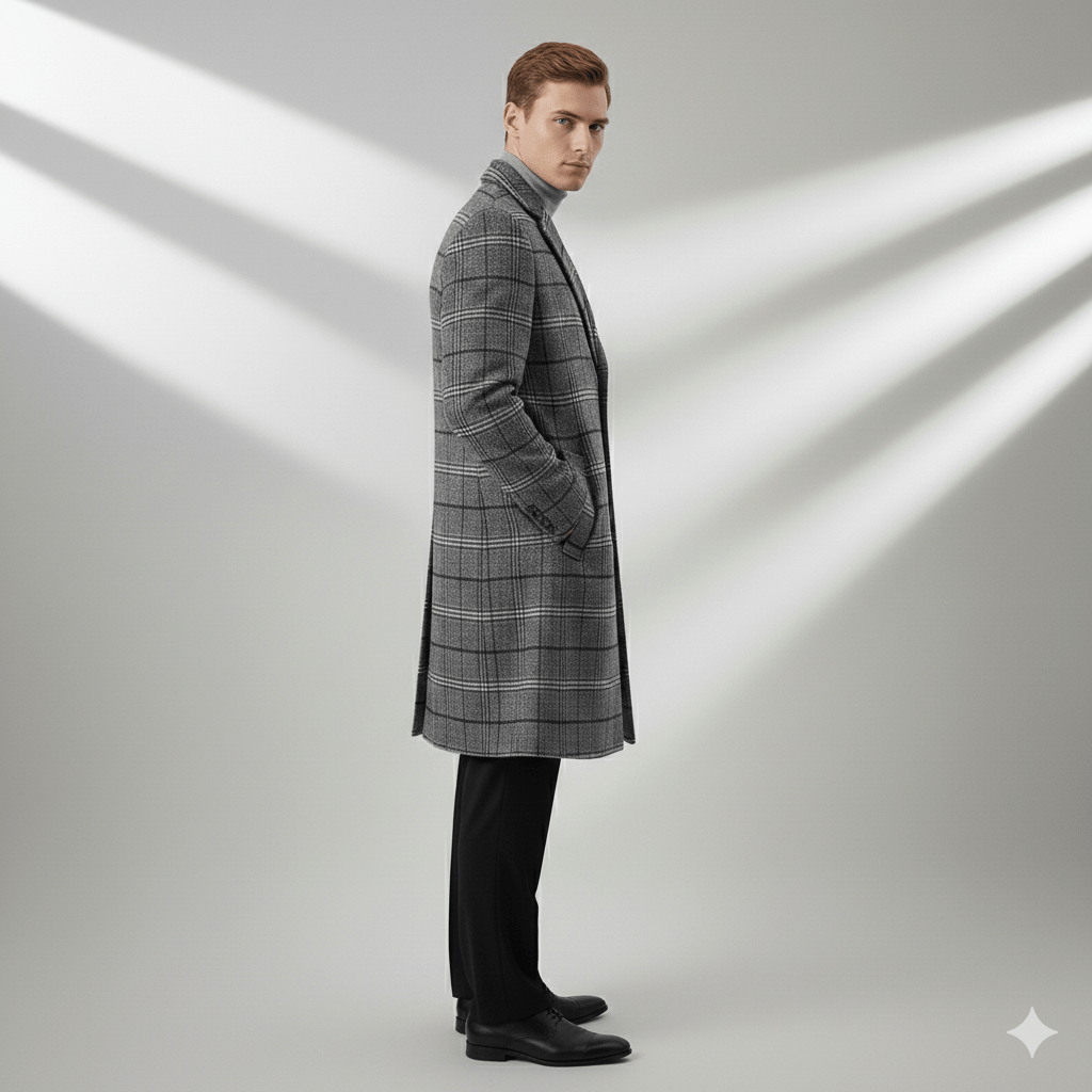 Aldric Men’s Wool Coat – Windowpane Overcoat with Structured Mid-Length Design