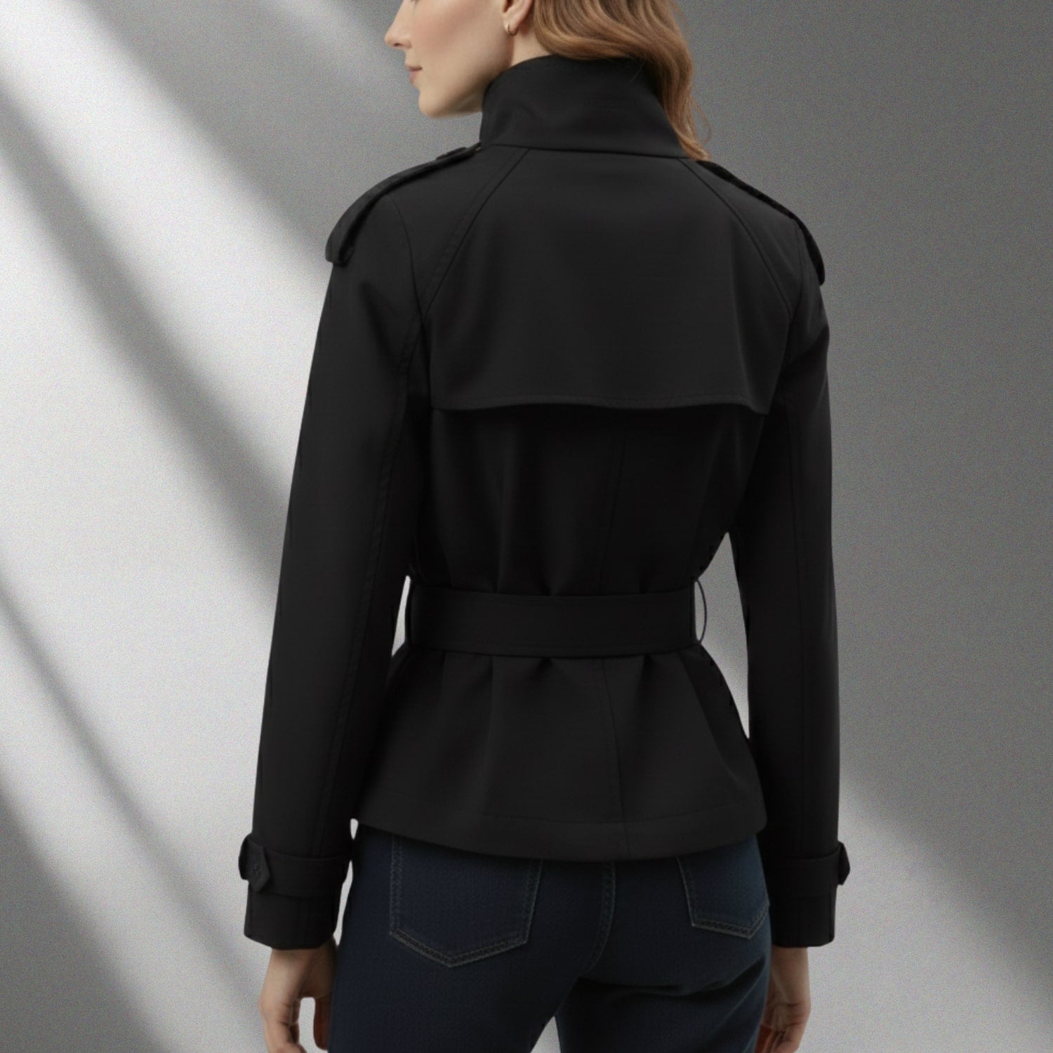 Nina Women’s Trench Coat – High-Neck Belted Cotton Cropped Jacket