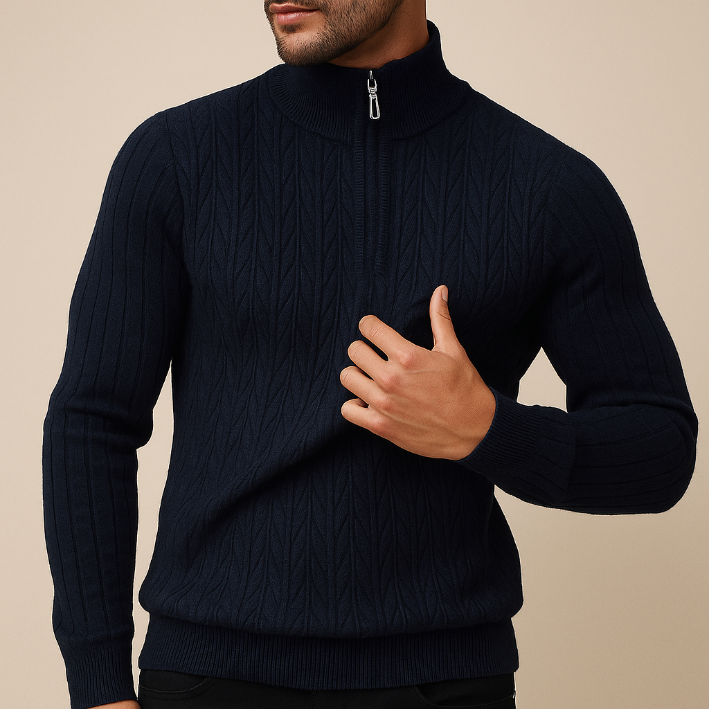 Canyon Men’s Quarter Zip Sweater – Wool Blend Knit with Ribbed Texture