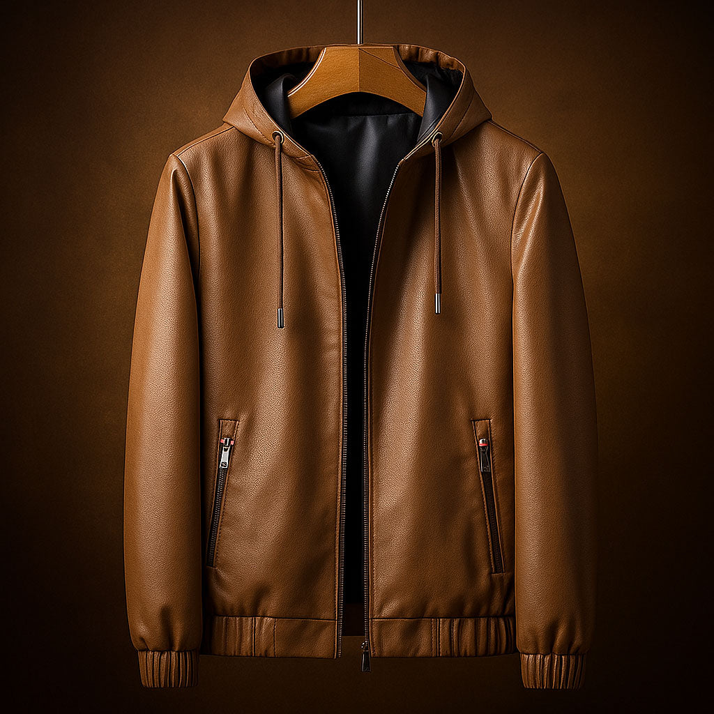 Adriano Men’s Leather Hooded Jacket – Genuine Leather with Windproof Comfort Fit