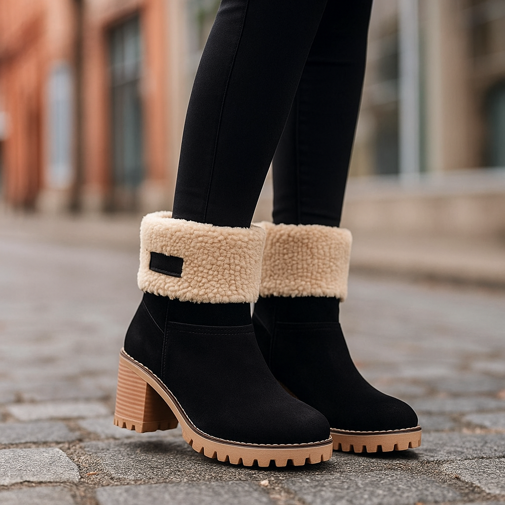 Avery Women’s Suede Ankle Boots – Plush Fur-Lined Block Heel