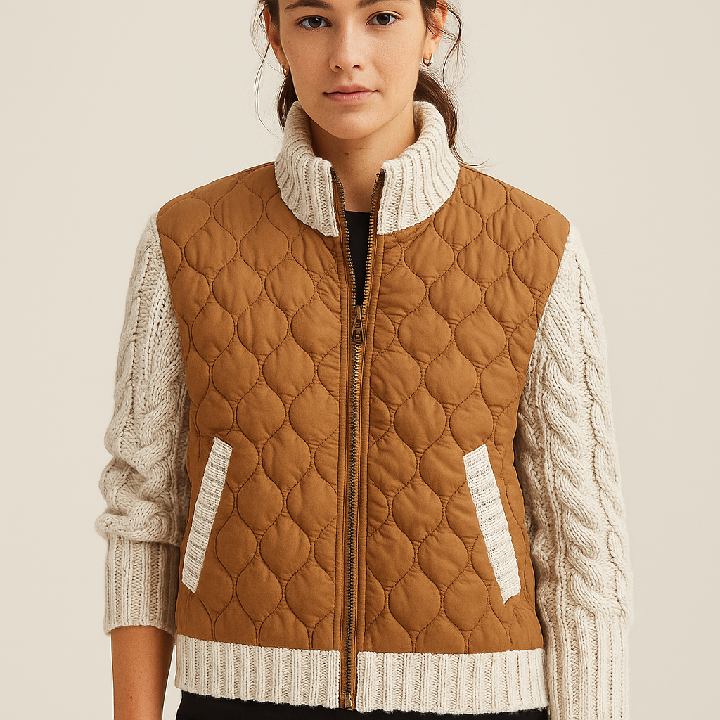 Anne Women’s Quilted Jacket – Textured Knit Sleeve Contrast with Zip-Up Closure