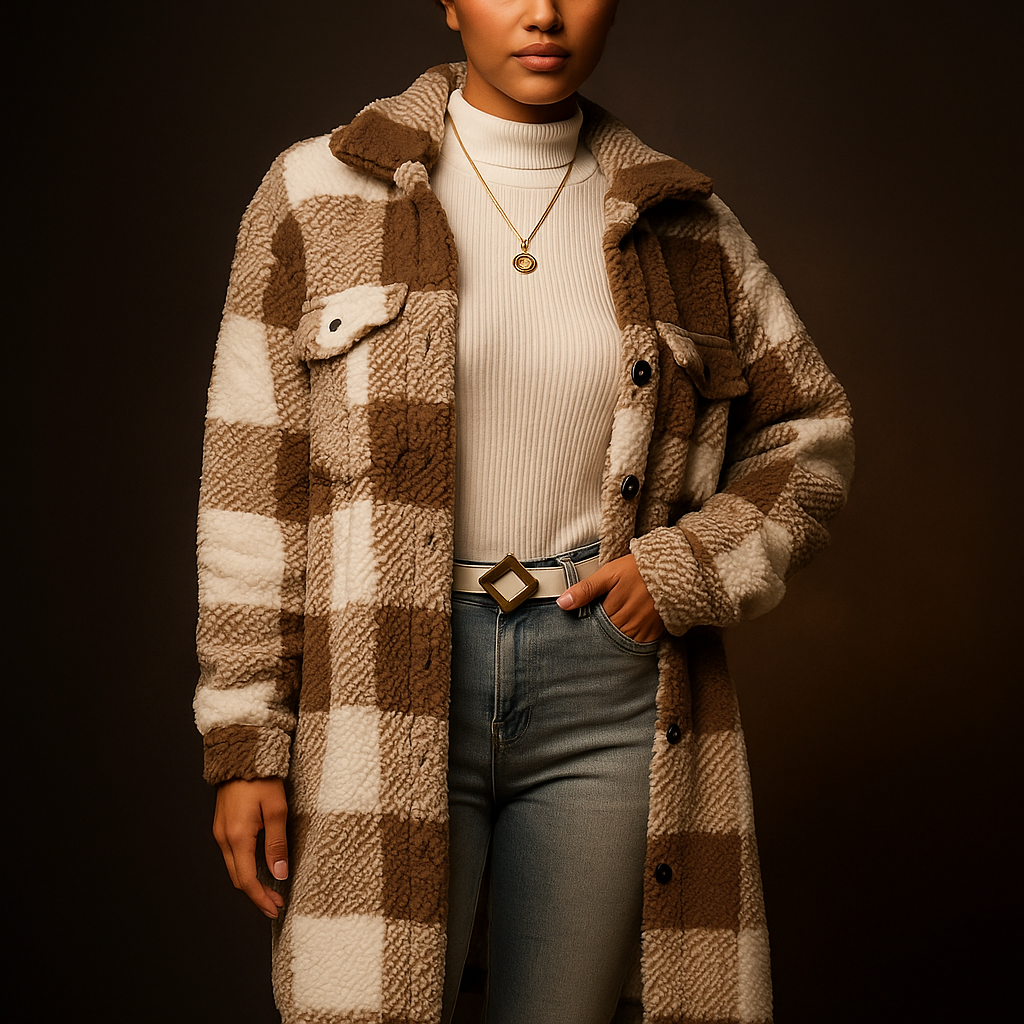 Charlotte Women’s Fleece Overcoat – Soft Checkerboard Winter Jacket for Layering